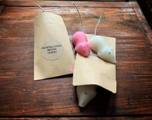 Load image into Gallery viewer, Image showing a pink and a white crystallized sugar mouse displayed on their kraft paper packaging