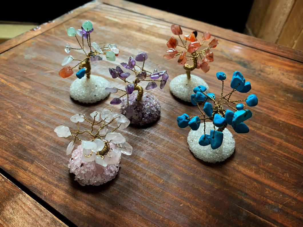 Image showing the assorted portable wishing trees made from various gemstones including amethyst, carnelian and turquoise.