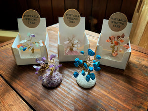 Image showing the assorted and boxed portable wishing trees made from various gemstones including amethyst, carnelian and turquoise.