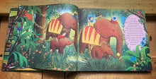 Load image into Gallery viewer, A close up image of one of the illustrations inside the book showing the scene of the elephant march in the tale based on the music of the Carnival of the Animals..