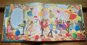 A close up image of one of the illustrations inside the book showing the scene of Aurora's sixteenth birthday party in the tale of Sleeping Beauty.