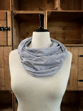 Load image into Gallery viewer, Image of the story excerpt infinity scarf featuring text from Jane Eyre written by Charlotte Bronte. Scarf is white with bold black cursive text. Scarf is shown on a mannequin.
