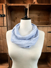 Load image into Gallery viewer, Image of the story excerpt infinity scarf featuring text from Pride &amp; Prejudice written by Jane Austen. Scarf is white with blue cursive text. Scarf is shown on a mannequin.
