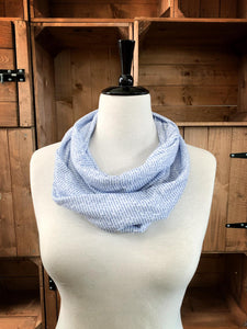 Image of the story excerpt infinity scarf featuring text from Pride & Prejudice written by Jane Austen. Scarf is white with blue cursive text. Scarf is shown on a mannequin.