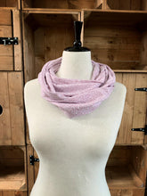 Load image into Gallery viewer, Image of the story excerpt infinity scarf featuring text from Hamlet written by William Shakespeare. Scarf is white with red cursive text. Scarf is shown on a mannequin.