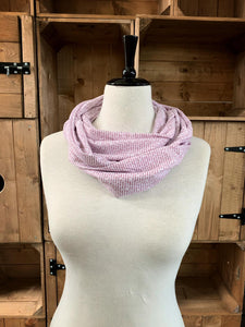 Image of the story excerpt infinity scarf featuring text from Hamlet written by William Shakespeare. Scarf is white with red cursive text. Scarf is shown on a mannequin.