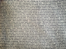 Load image into Gallery viewer, Detail of story excerpt scarf featuring text from The Adventures of Sherlock Holmes in grey cursive font on white background.