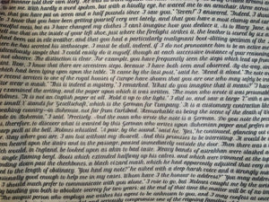 Detail of story excerpt scarf featuring text from The Adventures of Sherlock Holmes in grey cursive font on white background.
