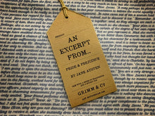 Load image into Gallery viewer, Close up of text on story excerpt scarf for Pride &amp; Prejudice. Text is blue cursive font on a white background. Font is size 9. Image shows kraft paper label saying &#39;An Excerpt from... Pride &amp; Prejudice by Jane Austen. Pair with a sense of imagination and a snazzy hat&#39;.
