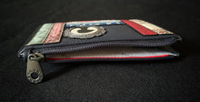 Load image into Gallery viewer,  Image shows the blue Yoshi leather zip coin purse qith the zipper open showing the white cotton lining inside printed with repeat Yoshi branding in grey.