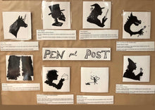 Load image into Gallery viewer, Image shows a brown pin board with a sign reading Pen Pal Post in the middle, and eight character silhouettes and their information posted around it. Characters are a unicorn, a skeleton, a witch, a dragon, a wizard, a fairy, a group of trolls, and a giant.