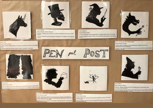 Image shows a brown pin board with a sign reading Pen Pal Post in the middle, and eight character silhouettes and their information posted around it. Characters are a unicorn, a skeleton, a witch, a dragon, a wizard, a fairy, a group of trolls, and a giant.
