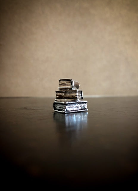 Image of a 3D silver metal lapel pin shaped like a stack of books