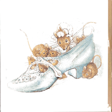 Load image into Gallery viewer, Close-up image of the mice in shoe greetings card with full-colour illustration of a family of mice inside an ornate woman&#39;s shoe drawn by Beatrix Potter..