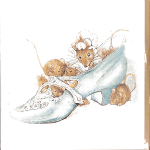 Close-up image of the mice in shoe greetings card with full-colour illustration of a family of mice inside an ornate woman's shoe drawn by Beatrix Potter..