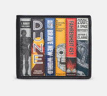 Load image into Gallery viewer, Image shows the black Yoshi leather wallet featuring appliqued book spines themed around classic sci-fi books. Titles include I, Robot, Dune, 2001: A Space Odyssey and Fahrenheit 451.