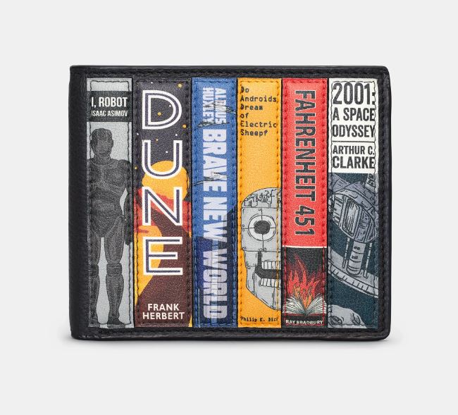 Image shows the black Yoshi leather wallet featuring appliqued book spines themed around classic sci-fi books. Titles include I, Robot, Dune, 2001: A Space Odyssey and Fahrenheit 451.