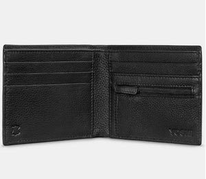 Image shows the inside of the black Yoshi leather Sci-fi classics wallet with six card slots, a zip coin pocket, two behind-card slip pouches and the notes pouch at the back. Outer inside corners are embossed with YOSHI and the genuine leather symbol.