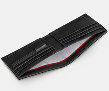 Load image into Gallery viewer, Image shows the black Yoshi leather Sci-fi classics wallet pictured open to reveal the notes section across the length of the wallet, and two sides with card slots and zip coin pocket. Lining of wallet is white printed with grey YOSHI text. Outer inside corners are embossed with YOSHI and the genuine leather symbol.