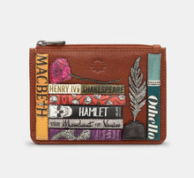 Load image into Gallery viewer, Image shows the brown Yoshi leather zip top purse themed around Shakespeare with appliqued book spines with a red rose sat on the books and a feather quill and ink pot. Purse is stamped with a round Yoshi Goods logo.