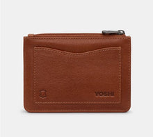 Load image into Gallery viewer, Image shows the back of the brown Yoshi leather zip top coin purse with back slip pocket and embossed YOSHI and genuine leather stamps on the bottom of the pocket.