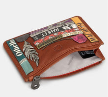 Load image into Gallery viewer, Image shows the brown Yoshi leather zip top coin purse with zipper open to reveal the white lining printed with grey text reading YOSHI. The outside front of the purse is decorated with appliqued Shakespeare book spines, a red rose and a feather quill and ink pot.