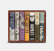 Load image into Gallery viewer, Image shows the brown Yoshi leather wallet with appliqued seven book spines themed around Shakespeare across the front. Titles include Othello, Hamlet, The Merchant of Venice and The Tempest.