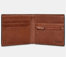Load image into Gallery viewer, Image shows the inside of the brown Yoshi leather Shakespeare wallet with six card slots, a zip coin pocket, two behind-card slip pouches and the notes pouch at the back. Outer inside corners are embossed with YOSHI and the genuine leather symbol.