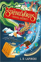 Load image into Gallery viewer, Closer view of the front cover of the paperback book The Strangeworlds Travel Agency, written by L.D. Lapinski