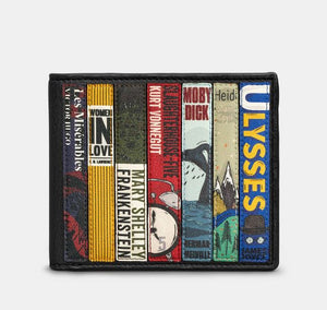 Image of the black vegan Yoshi leather wallet featuring appliqued classic book spines with titles and authors including Les Miserables, Frankenstein, Heidi and Slaughterhouse-Five.