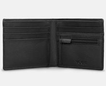 Load image into Gallery viewer, Image shows the inside of the black Yoshi vegan leather classic bookworm wallet with six card slots, a zip coin pocket, two behind-card slip pouches and the notes pouch at the back. Zip pocket is embossed with YOSHI.