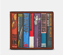 Load image into Gallery viewer, Image showing the brown vegan Yoshi leather wallet featuring appliqued classic book spines with titles and authors including War &amp; Peace, The Catcher in the Rye, Foundation and Wuthering Heights. 