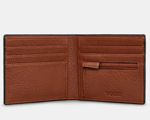 Image shows the inside of the brown Yoshi vegan leather classic bookworm wallet with six card slots, a zip coin pocket, two behind-card slip pouches and the notes pouch at the back. Zip pocket is embossed with YOSHI.