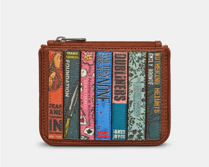 Image shows the brown vegan Yoshi leather zip top purse with classic book spines appliqued across the front. Titles include Alice's Adventures in Wonderland, Foundation, Fear and Loathing in Las Vegas and Wuthering Heights.