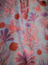 Load image into Gallery viewer, Image of the story extract scarf &#39;Extract from a tale under the sea&#39; with a printed pattern of rockpool plants and creatures such as seaweed and crabs in purples and pinks. Image shows detail of full print pattern.