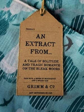 Load image into Gallery viewer, Image of the story extract scarf &#39;Extract from a tale on the moors&#39; with a printed pattern of sky blue striped clouds, white clouds and swallows in grey, blue and white on a baby blue background. Kraft paper label is shown with description &#39;An extract from a tale of solitude and tragic romance on the bleak moors&#39;.