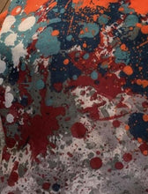 Load image into Gallery viewer, Image of the story extract scarf &#39;Extract from a tale of windswept abbeys&#39; with an abstract printed pattern of of red, orange white, steel blue and navy blue splatters on a background of light grey. Image shows detail of full printed pattern.