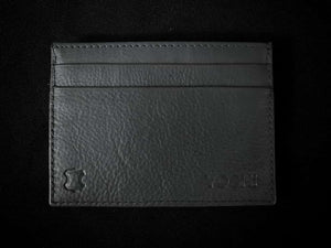 Image of the back of the blue Yoshi leather Jane Austen card holder, back is plain blue leather with two additional slip pockets for extra cards and features embossed Yoshi branding.