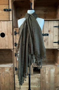 Image of a loosely woven, moss green unisex scarf with tassels along the bottom edges. Scarf is shown wrapped around a mannequin.