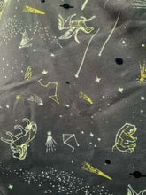 Load image into Gallery viewer, Image of the story extract scarf &#39;Extract from a tale of heroes&#39; with a printed pattern of zodiac constellations such as pegasus and little bear among shooting stars and distant planets in white and yellow on a background of lilac-grey. Image shows detail of full printed fabric.