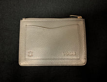 Load image into Gallery viewer, Image shows the back of the Yoshi leather Coin Keeper purse. Purse is dark grey with a back slip pocket and zip across the top. 