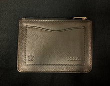 Load image into Gallery viewer, Image shows the back of the Yoshi leather coin keeper for the Sci-Fi design. Leather is black and features a back slip pocket and a zipper across the top. 