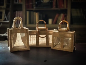Image of gift bag collection showing 1, 2 or three windows on the jute gift bags