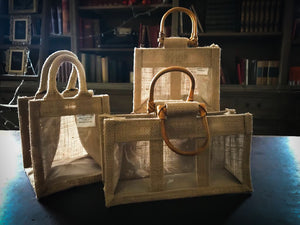 Image shows the jute gift bag selection available - 1 window, 2 windows or 3 windows on the front of the gift bag.