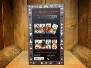 Image showing the back of the box of Endless Odyssey  showing some example playing cards featuring different mythical creatures and ancient Greek gods and scenarios in a muted colour palette contrasting with bold vivid red.