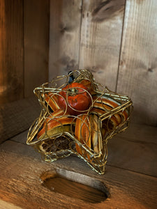 Side view image of Scent of the Season Star Centrepiece, a gold wire box in the shape of a star filled with pot pourri including dried orange and green orange slices and a dried mini pumpkin