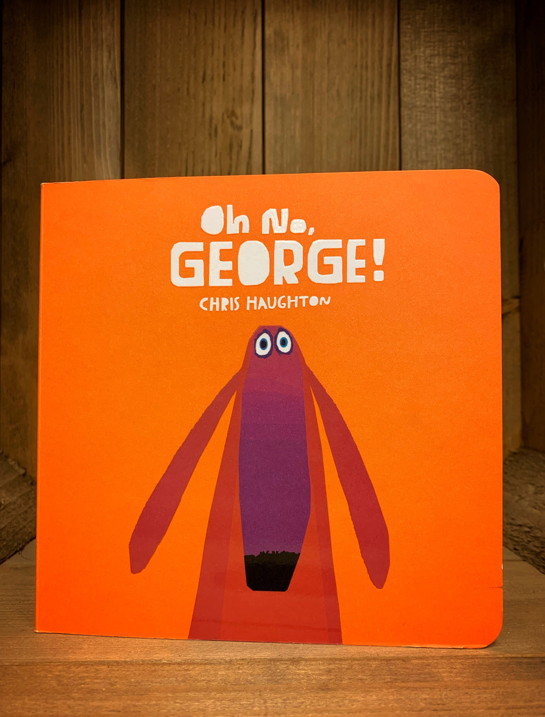 Image of the board book Oh No George! by Chris Haughton featuring a front cover with an orange background and a stylized illustration of a red dog.