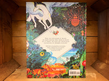 Load image into Gallery viewer, Image showing the back cover of the hardback book  Mythopedia with brightly coloured illustrations surrounding the blurb showing mythical and magical creatures from around the world.