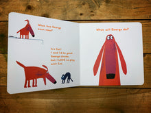 Load image into Gallery viewer, Image of a sample page of the board book Oh No George! with a white background and bright stylized illustrations of George the dog and Cat in orange and black.