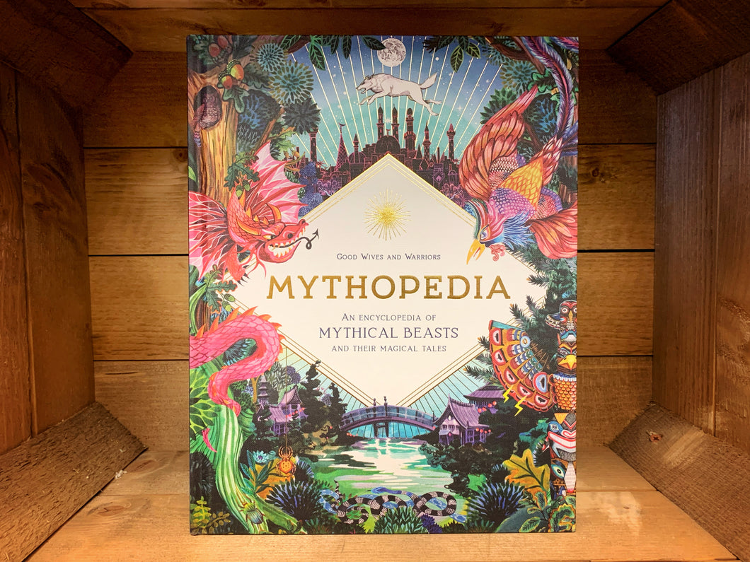 Image of Mythopedia showing the front cover with brightly coloured illustrations of mythical creatures and locations with gold foil detail..